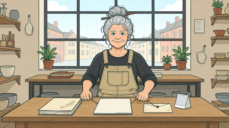 Hanne forbinder med tråde en mappe med en ældre version, en kuvert, en kalender og et adressekort. AI-illustration.