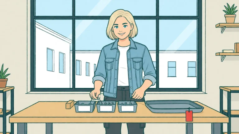 Lena forbinder med tråde tre skruekasser med en opsamlingsskål; én kasse er skruet godt fast. AI-illustration.