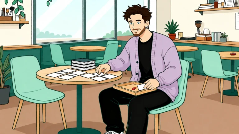 Tobias lægger to rækker kort ud, der begynder ved den samme bogstabel og ender i en skål. AI-illustration.