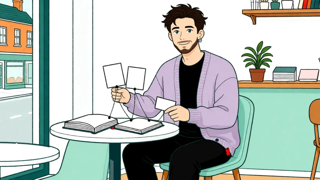 Tobias verbindet drei Karten mit Fäden zu drei offenen Büchern; ein Faden endet lose. KI-Illustration.