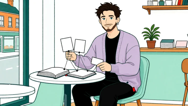 Tobias forbinder med tråde tre kort med tre åbne bøger; én tråd ender løst. AI-illustration.