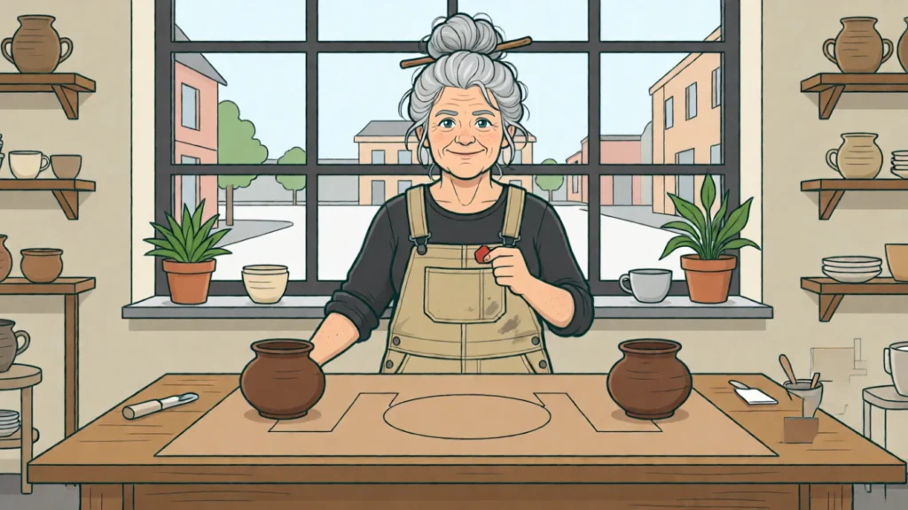 تمسك هانه بحصاة حمراء فوق فجوة تؤدي إليها ثلاثة مسارات مرسومة. رسم توضيحي بالذكاء الاصطناعي.