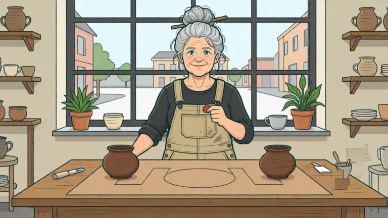 Hanne holder en rød sten over et hul, som tre tegnede stier fører hen til. AI-illustration.