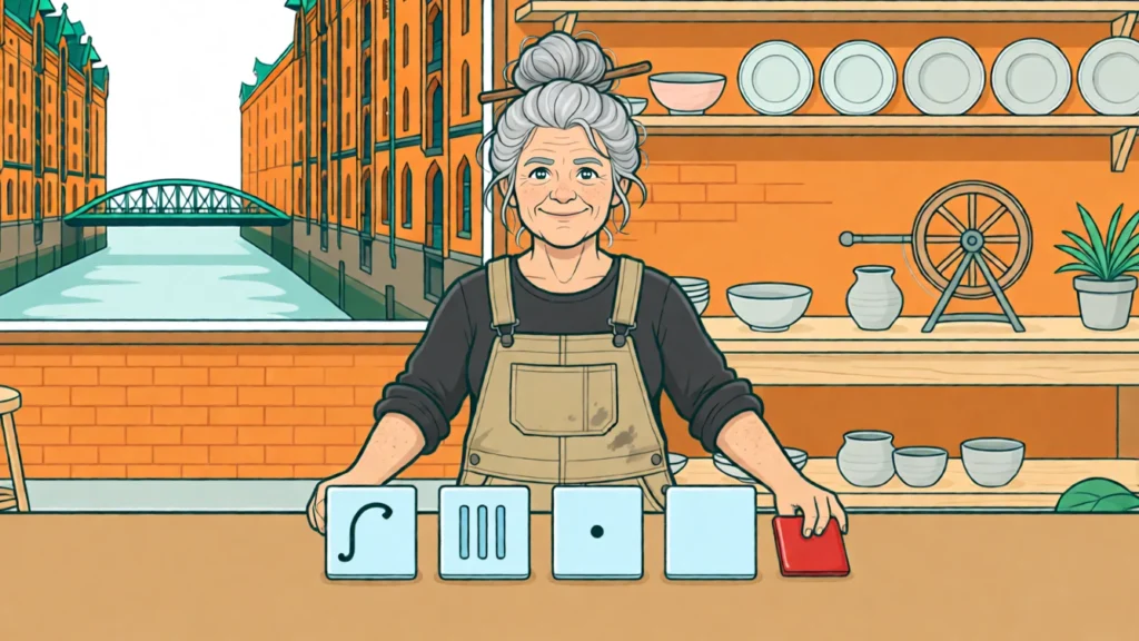 Hanne lägger fem glaserade kakelplattor på rad som en berättelse; den sista är röd. AI-illustration.