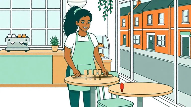 Ana skubber pladsmarkører med en lineal; den femte, røde markør står allerede ved det andet bord. AI-illustration.