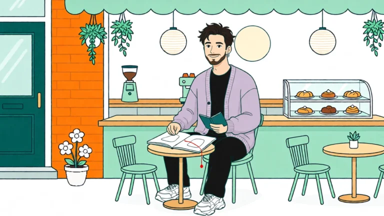‏يمسك توبياس دفتر ملاحظات بينما يستقر على الطاولة دفتر رسم بالشكل نفسه؛ والخيط بينهما مقطوع. رسم توضيحي بالذكاء الاصطناعي.