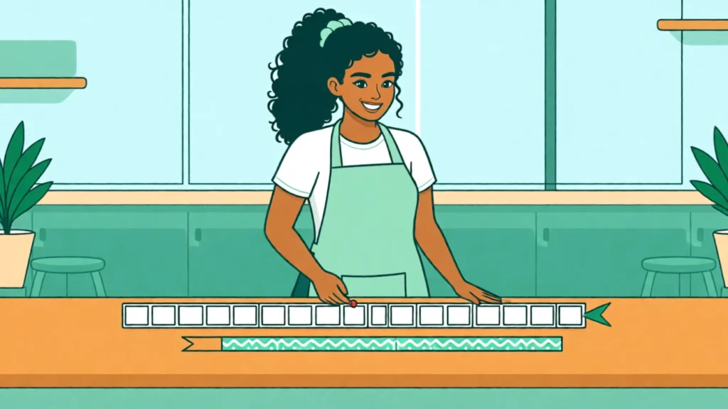 Ana rolt een filmstrook uit over de toonbank; daaronder liggen banden voor geluid en beeld. AI-illustratie.