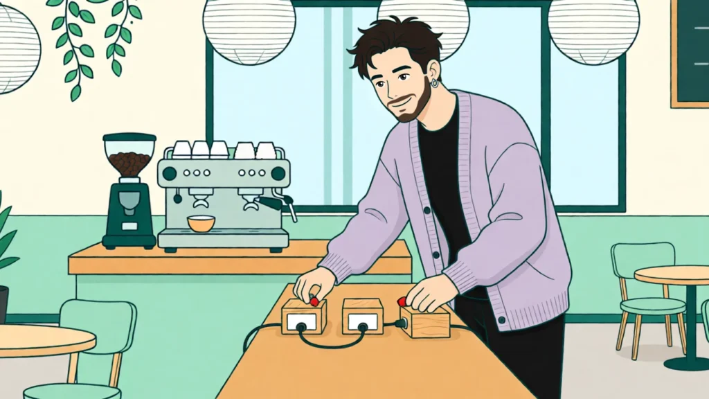Tobias verbindet drei Holzkästchen mit Steckkabeln wie an einem alten Vermittlungspult. KI-Illustration.
