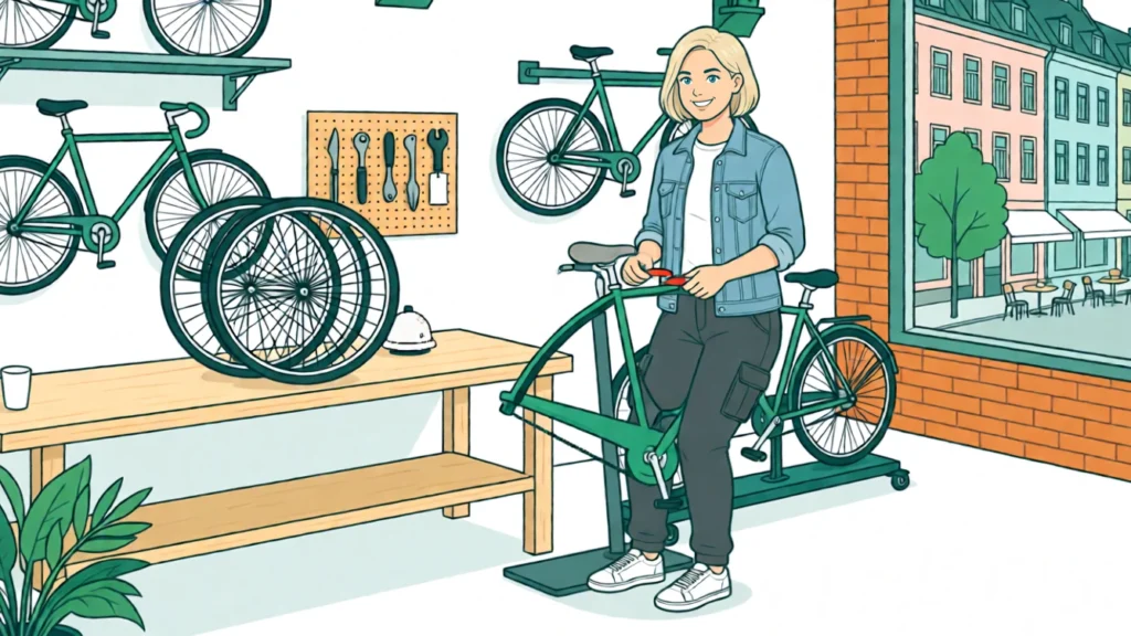 Lena arbejder på et cykelstel i montagestanderen; ved siden af læner tre hjul. AI-illustration.