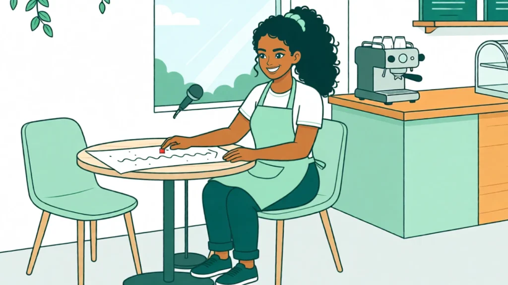 Ana sidder med en bordmikrofon foran en papirstrimmel med en bølgelinje og tidsmarkeringer. AI-illustration.