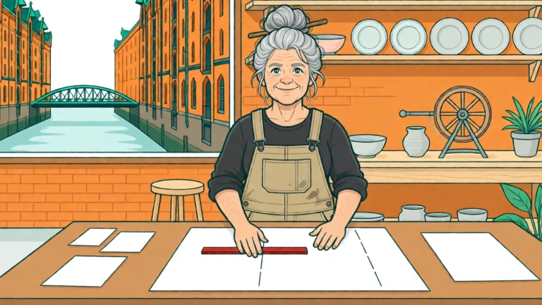 ‏تضع هانه مسطرة حمراء فوق رسم كخط فاصل، وتضيف امتدادين متقطعين. رسم توضيحي بالذكاء الاصطناعي.