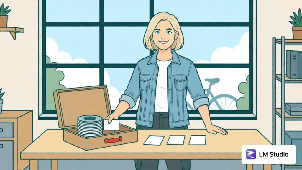 Lena åbner en trækuffert med en kabeltromle og tre kort. AI-illustration.
