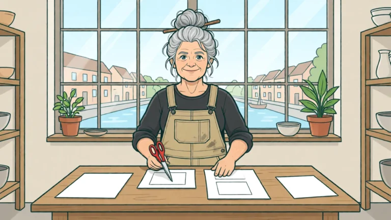 Hanne klipper en smal strimmel og et bredt stykke, der holder to felter sammen, ud af et ark. AI-illustration.