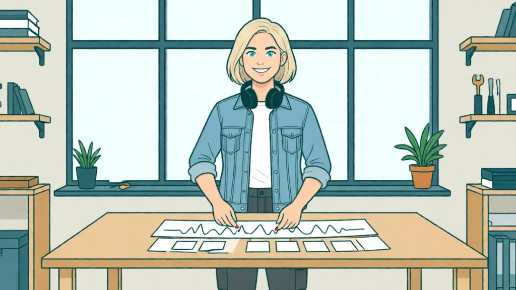 Lena lægger korte papirstykker som undertekster under en papirstrimmel med en lydbølge; om halsen hænger der høretelefoner. AI-illustration.