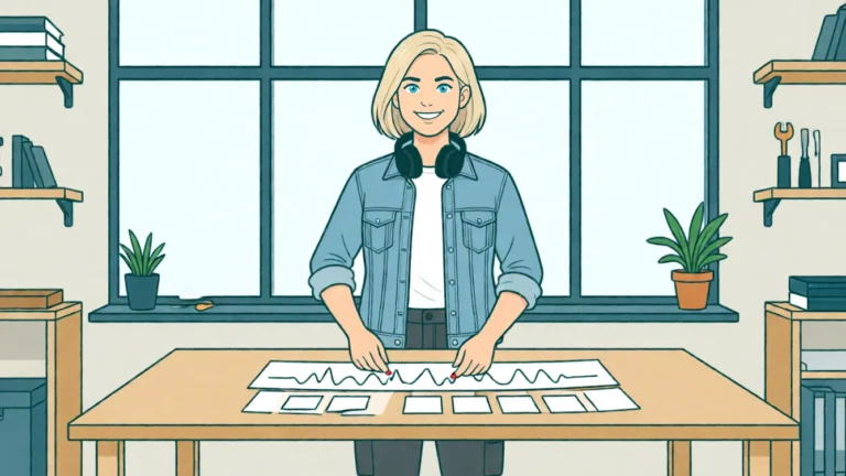 Lena dispose de courts morceaux de papier, comme des sous-titres, sous une bande de papier portant une onde sonore ; un casque pend à son cou. Illustration réalisée par IA.