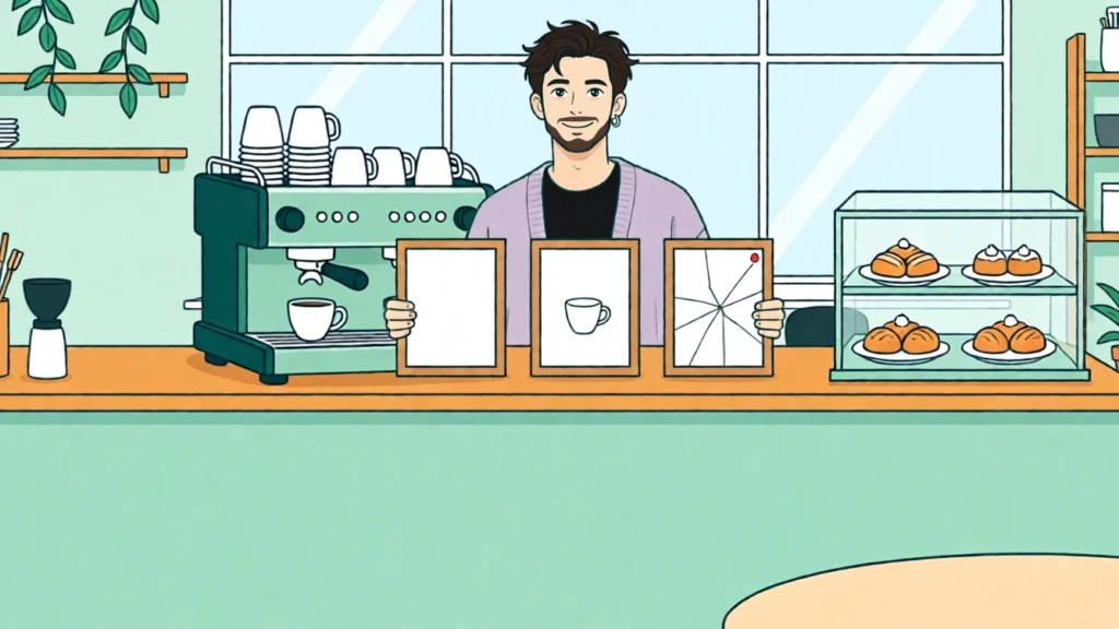 Tobias zeigt drei Bilderrahmen: leer, mit einer Tasse, mit gesprungenem Glas. KI-Illustration.