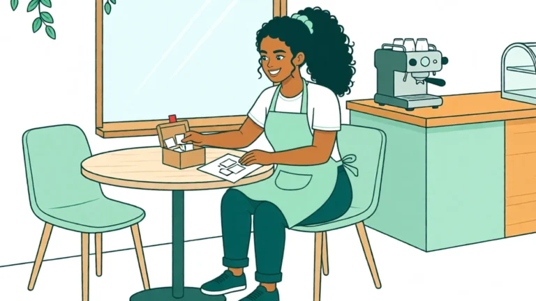 Sur un petit prototype en carton, Ana ouvre un rabat comme une boîte de dialogue ; à côté se trouve un croquis de page avec les mêmes cartes. Illustration réalisée par IA.