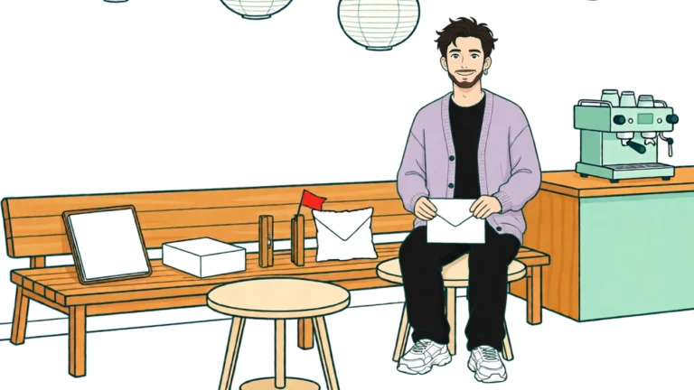 Tobias attend avec une enveloppe ; entre une caisse et l’enveloppe se dresse un petit portillon ouvert muni d’un drapeau rouge. Illustration réalisée par IA.