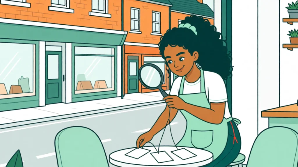 Ana untersucht mit einer Lupe vier gefaltete Notizen, die mit Fäden verbunden sind. KI-Illustration.