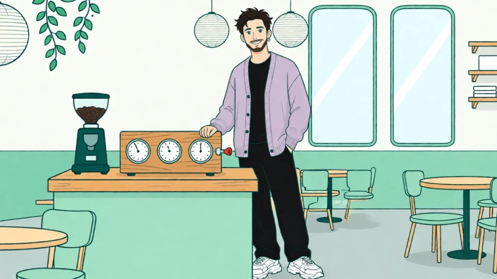 Tobias appoggia la mano su una tavola di legno con tre strumenti di misura; solo il terzo ha una leva del freno rossa. Illustrazione creata con l’IA.