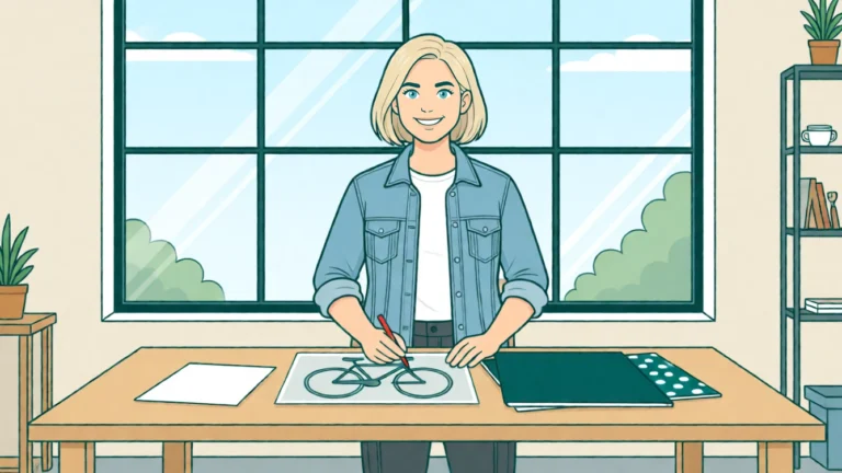 Lena dessine une silhouette de vélo sur un film transparent et la pose sur un fond clair, un fond sombre et un fond à motifs. Illustration réalisée par IA.