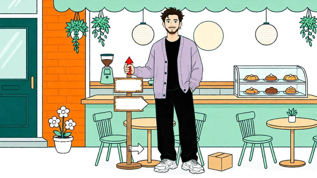 Tobias hält vor dem Café einen neuen roten Wegweiser, während ein alter Pfeil noch woandershin zeigt. KI-Illustration.