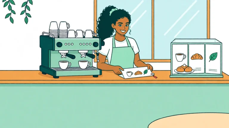 Al bancone, Ana dispiega una carta dalla versione compatta a quella dettagliata; entrambi i lati mostrano le stesse immagini di una tazza, un croissant e una foglia. Illustrazione creata con l’IA.