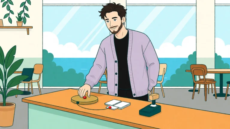 Tobias drückt einen großen Messingknopf, der mit einer Kartenreihe verbunden ist; ein Stempel liegt abseits. KI-Illustration.