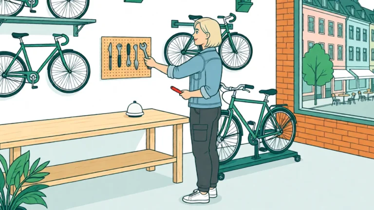 Lena sucht an einer Lochwand nach dem Schraubenschlüssel, der an anderer Stelle hängt. KI-Illustration.
