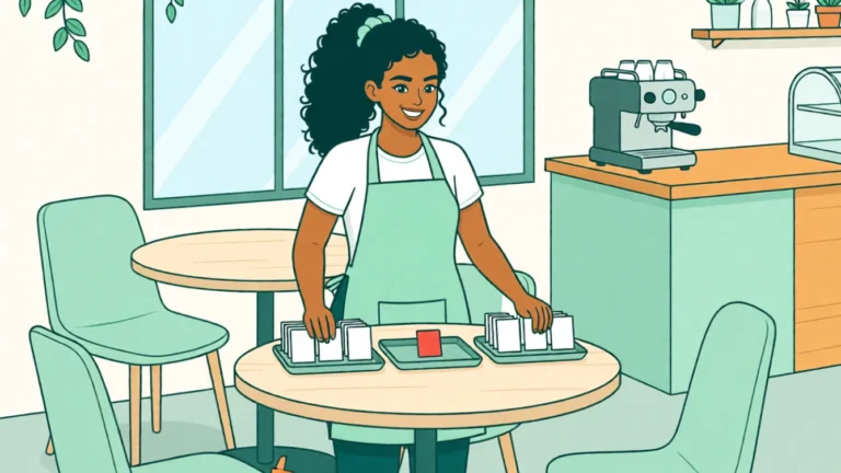 Ana ordnet dieselben Karten auf drei Tabletts in drei verschiedenen Reihenfolgen. KI-Illustration.