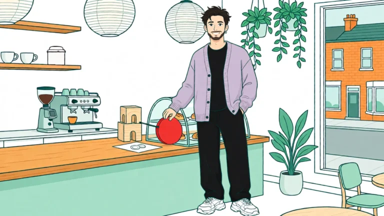 Tobias hält einen großen roten Knopf, der mit genau einem Holzbaustein verbunden ist. KI-Illustration.