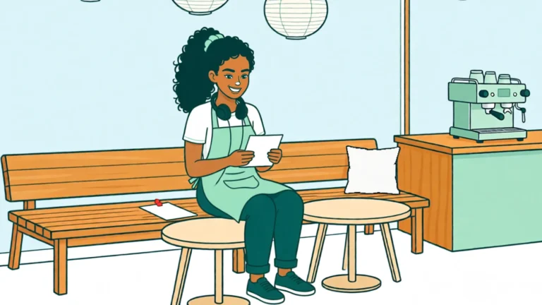 Ana liest mit Kopfhörern um den Hals eine Karte, an der ein kurzer Statusstreifen klemmt. KI-Illustration.