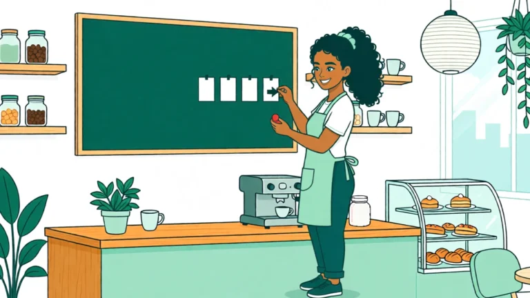 Ana heftet an der Tafel Karten, die von rechts nach links laufen; eine Karte zeigt nach rechts. KI-Illustration.